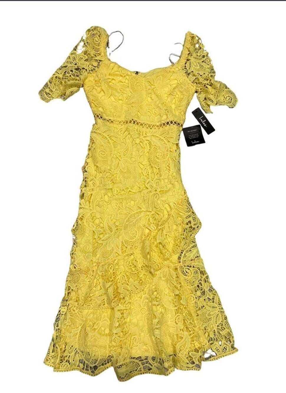 Lulus Yellow Lace Midi Dress Size Small NWT Puff Sleeve Wedding Guest Cocktail